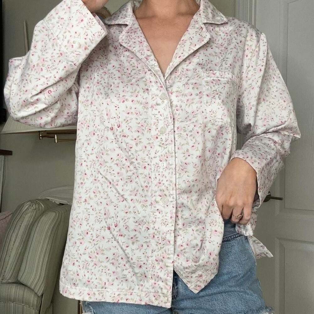 Carole Hochman Floral Satin Button Up Pajama Blouse